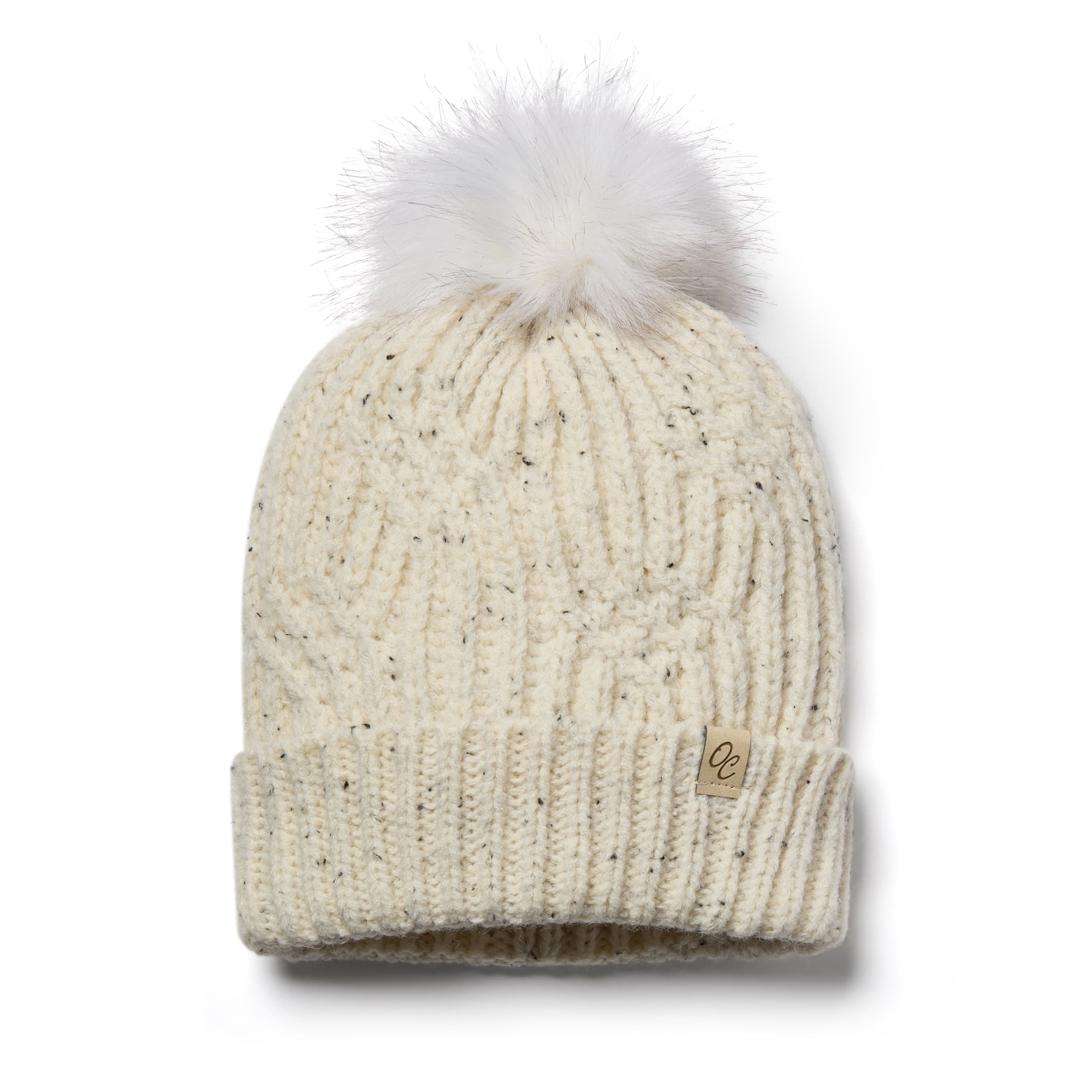 Only Curls Satin Lined Knitted Beanie Hat - Cream Fleck with Pom Pom - Only Curls