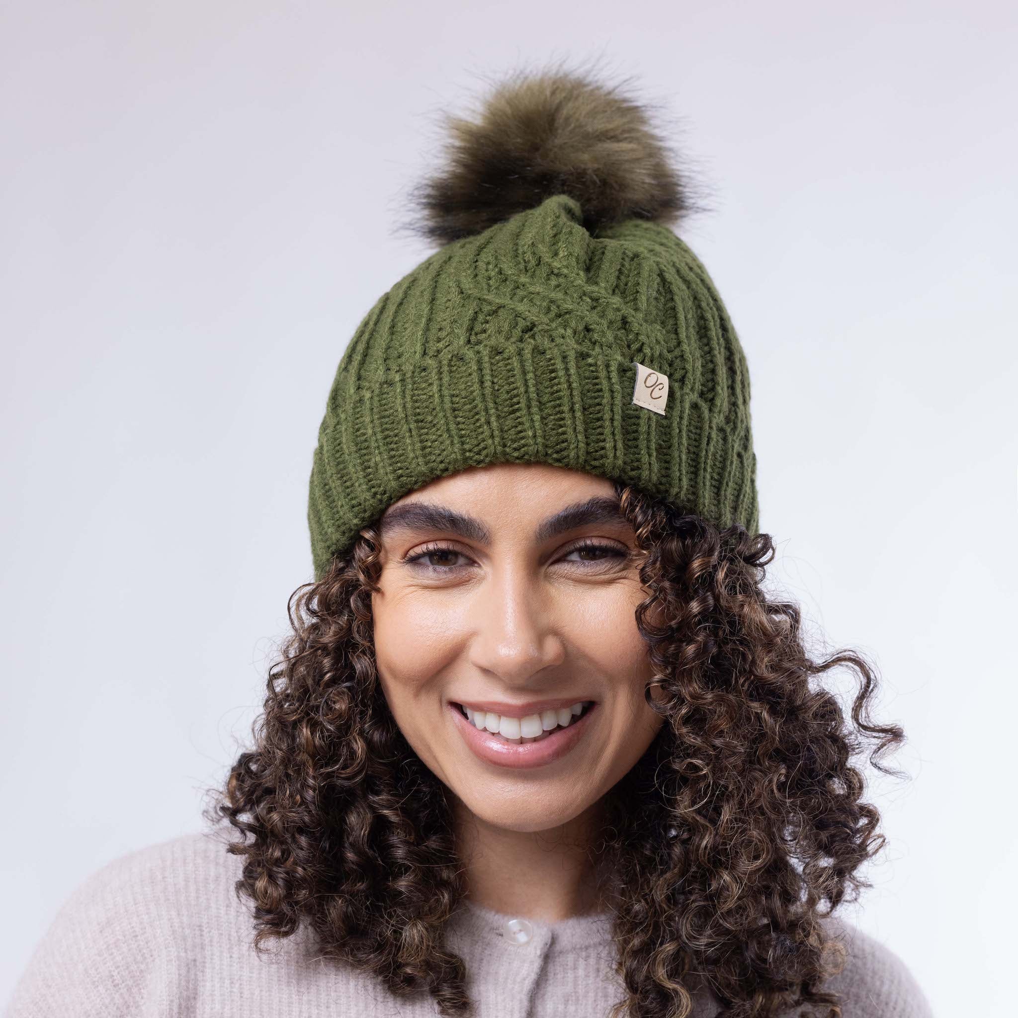 Only Curls Satin Lined Knitted Beanie Hat - Olive with Pom Pom - Only Curls