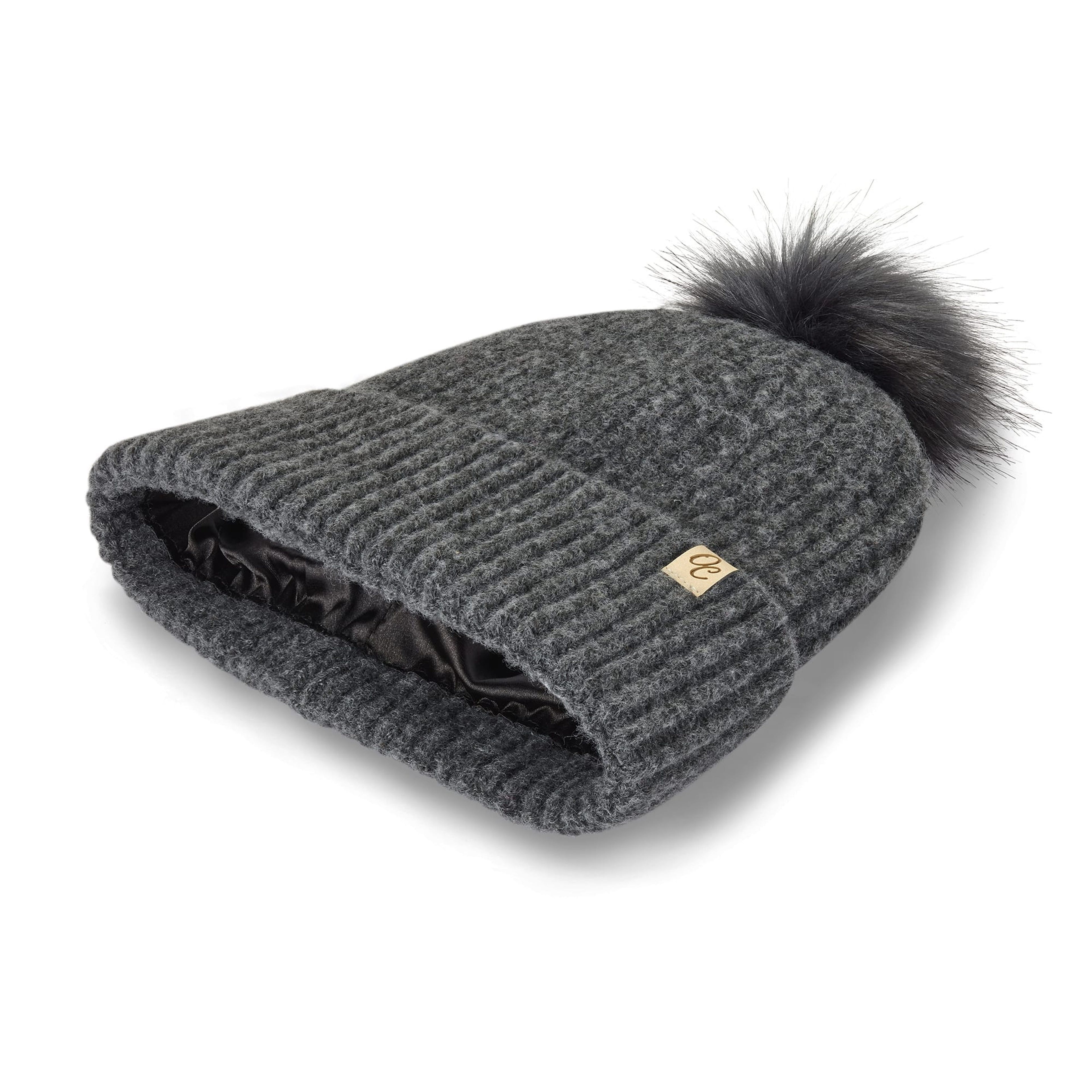 Only Curls Satin Lined Beanie with Pom - Carrie in Dark Grey - Only Curls