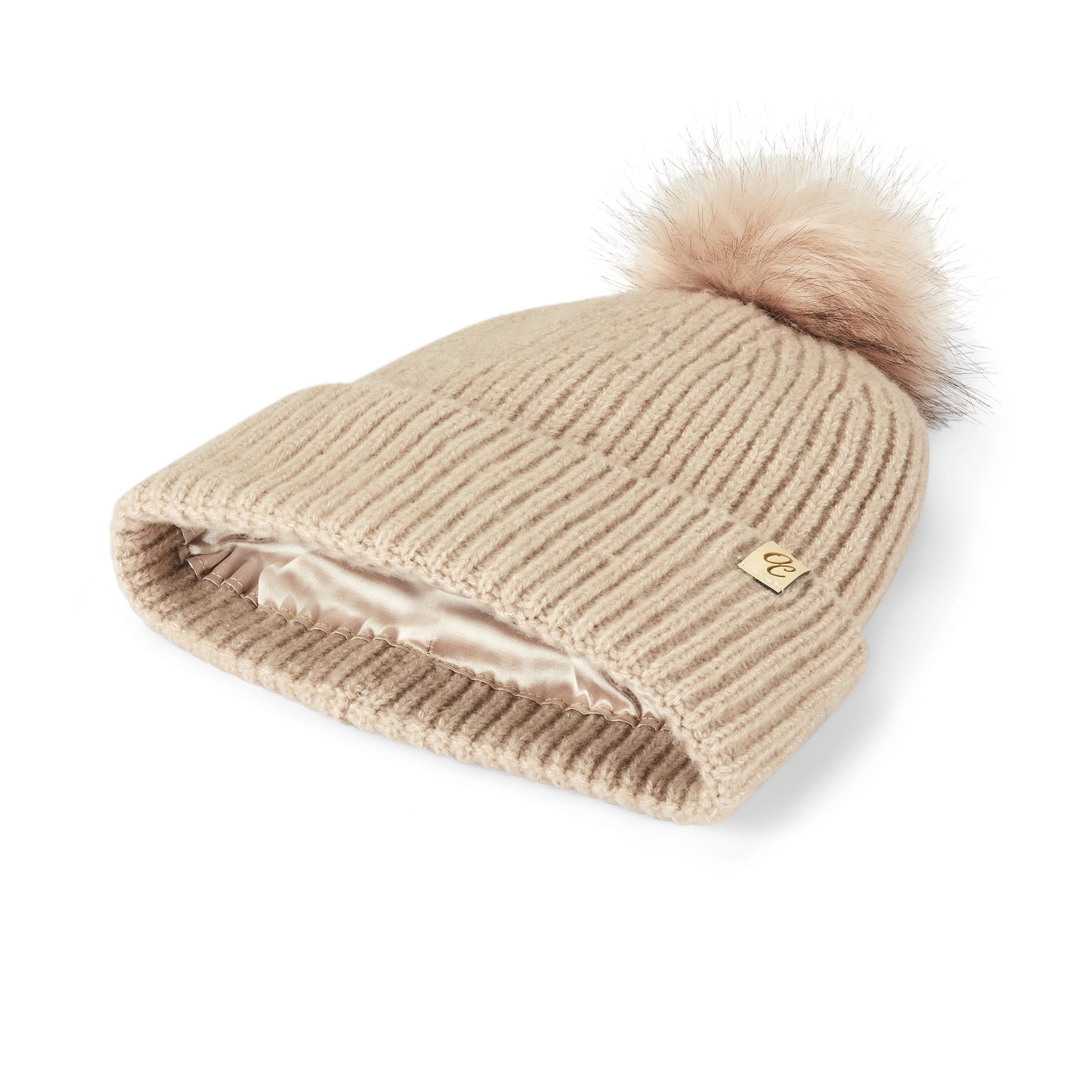 Only Curls Satin Lined Beanie with Pom - Carrie in Sand - Only Curls