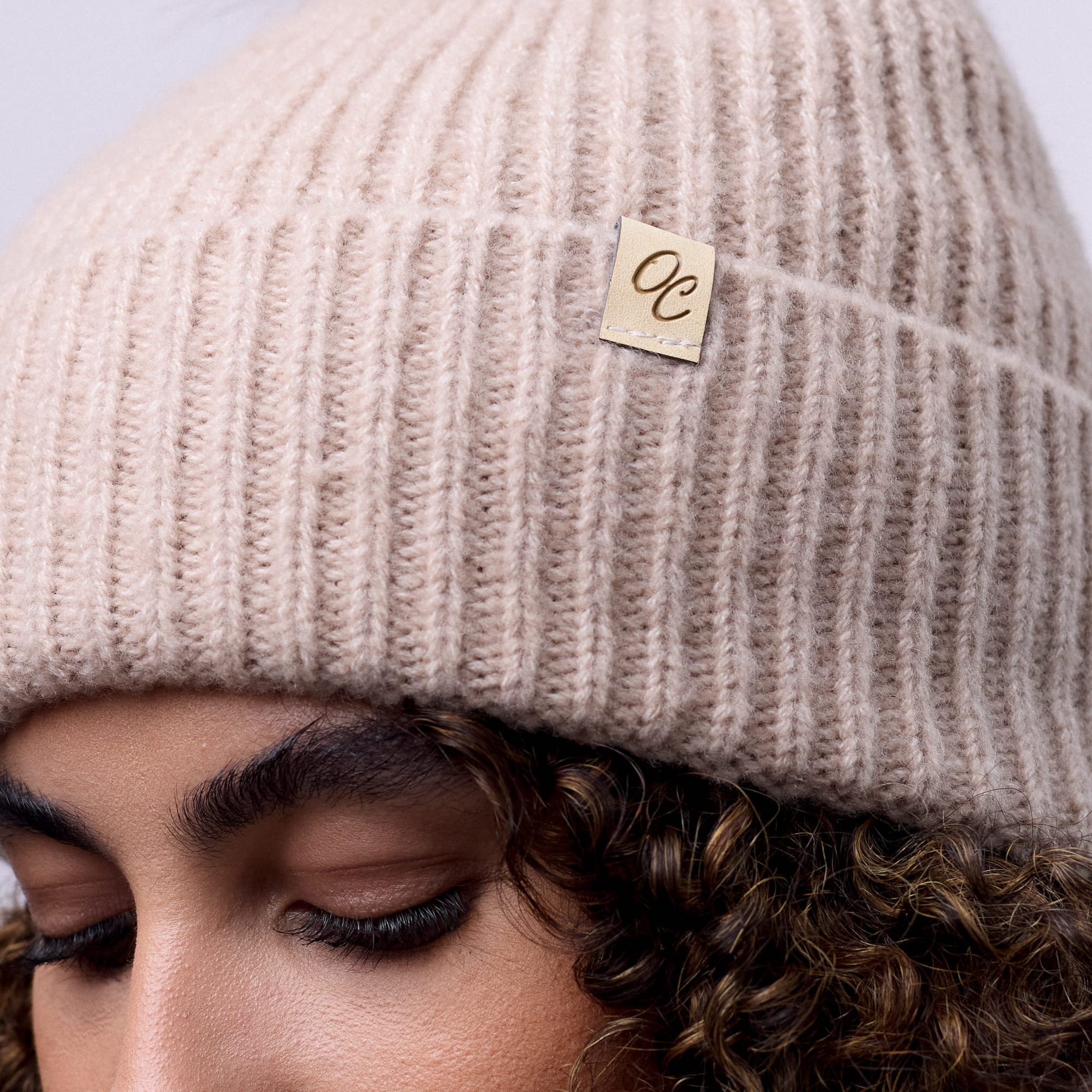 Only Curls Satin Lined Beanie with Pom - Carrie in Sand - Only Curls