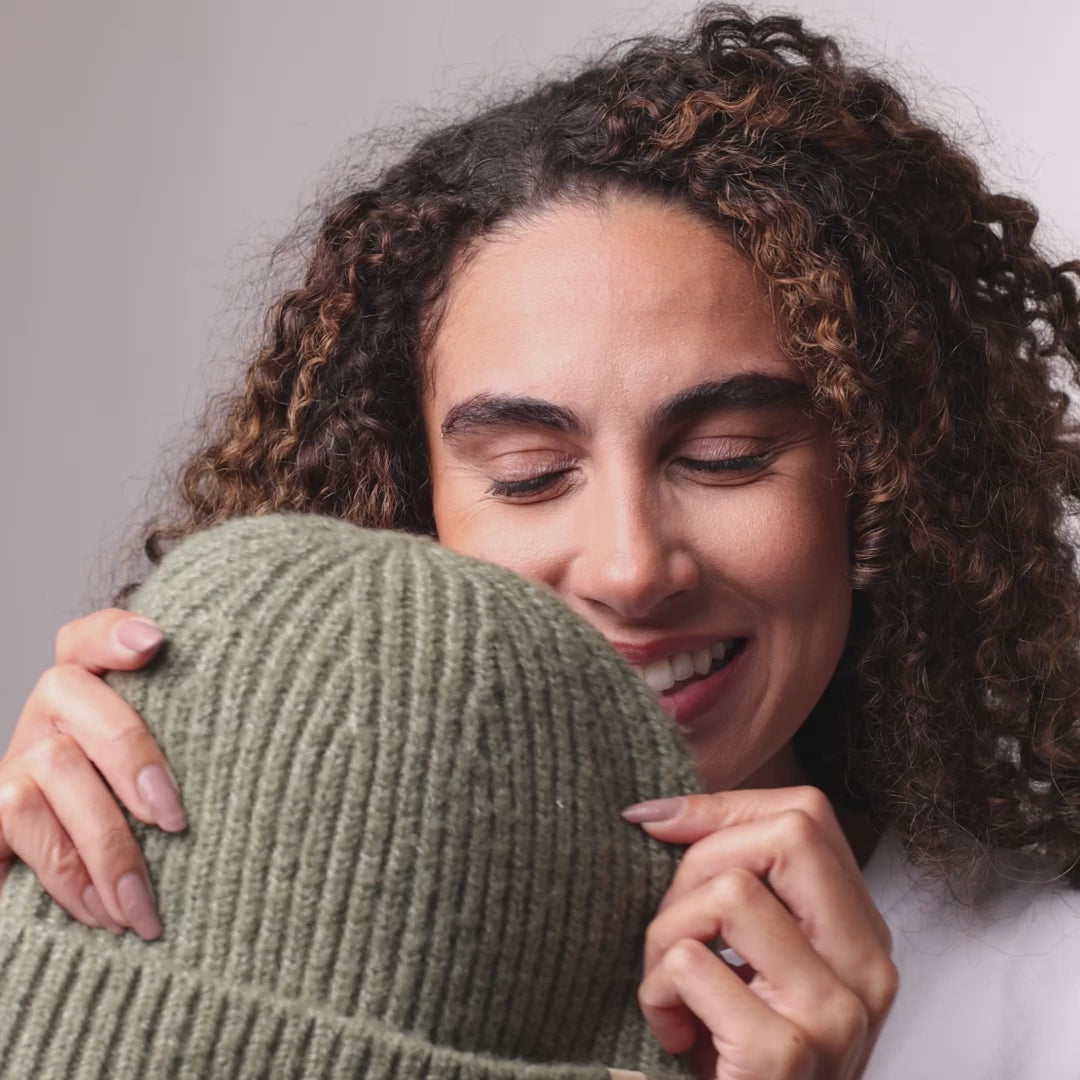 Only Curls Satin Lined Knitted Beanie Hat - Ella in Olive Green