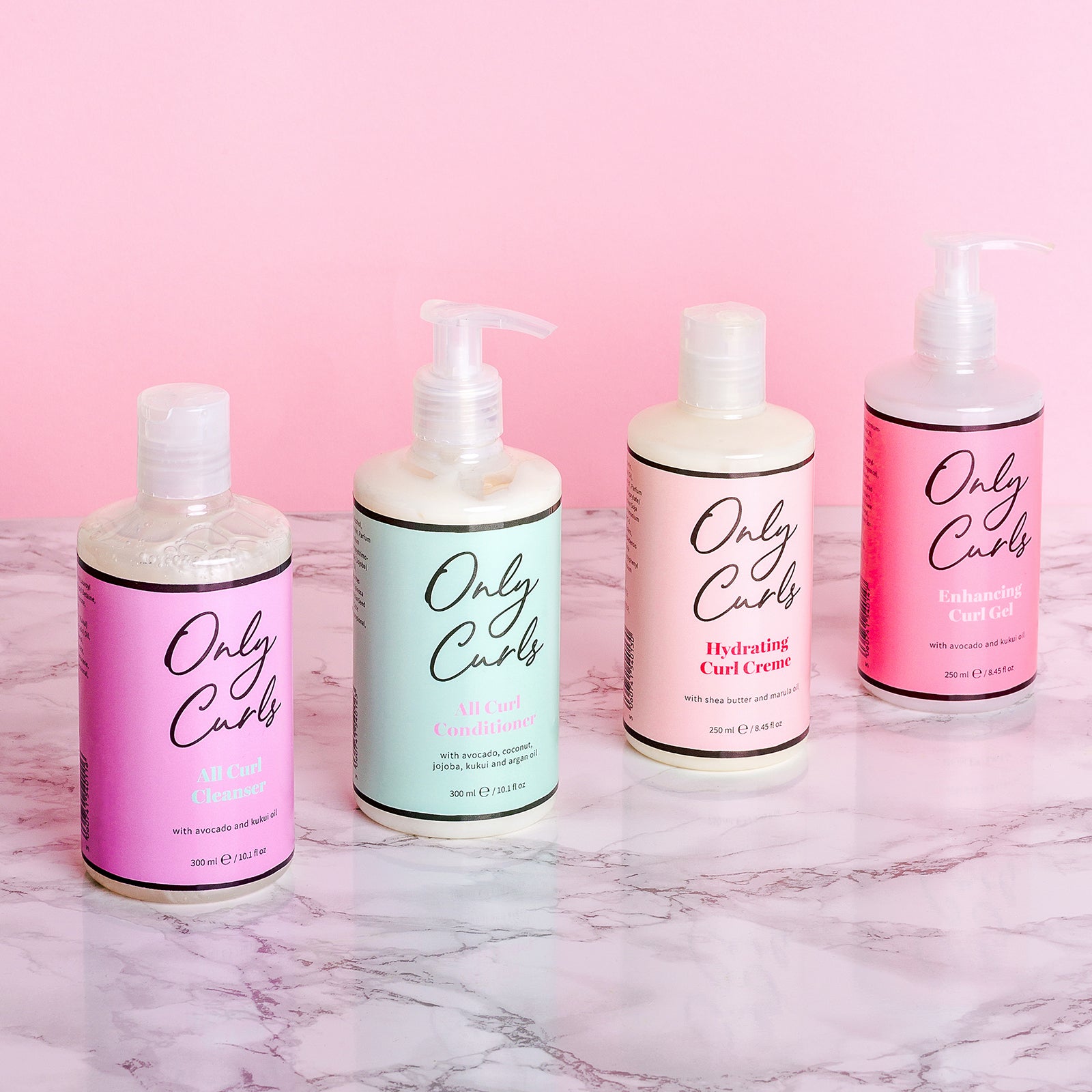 Only Curls Full Size Bottles on marble top