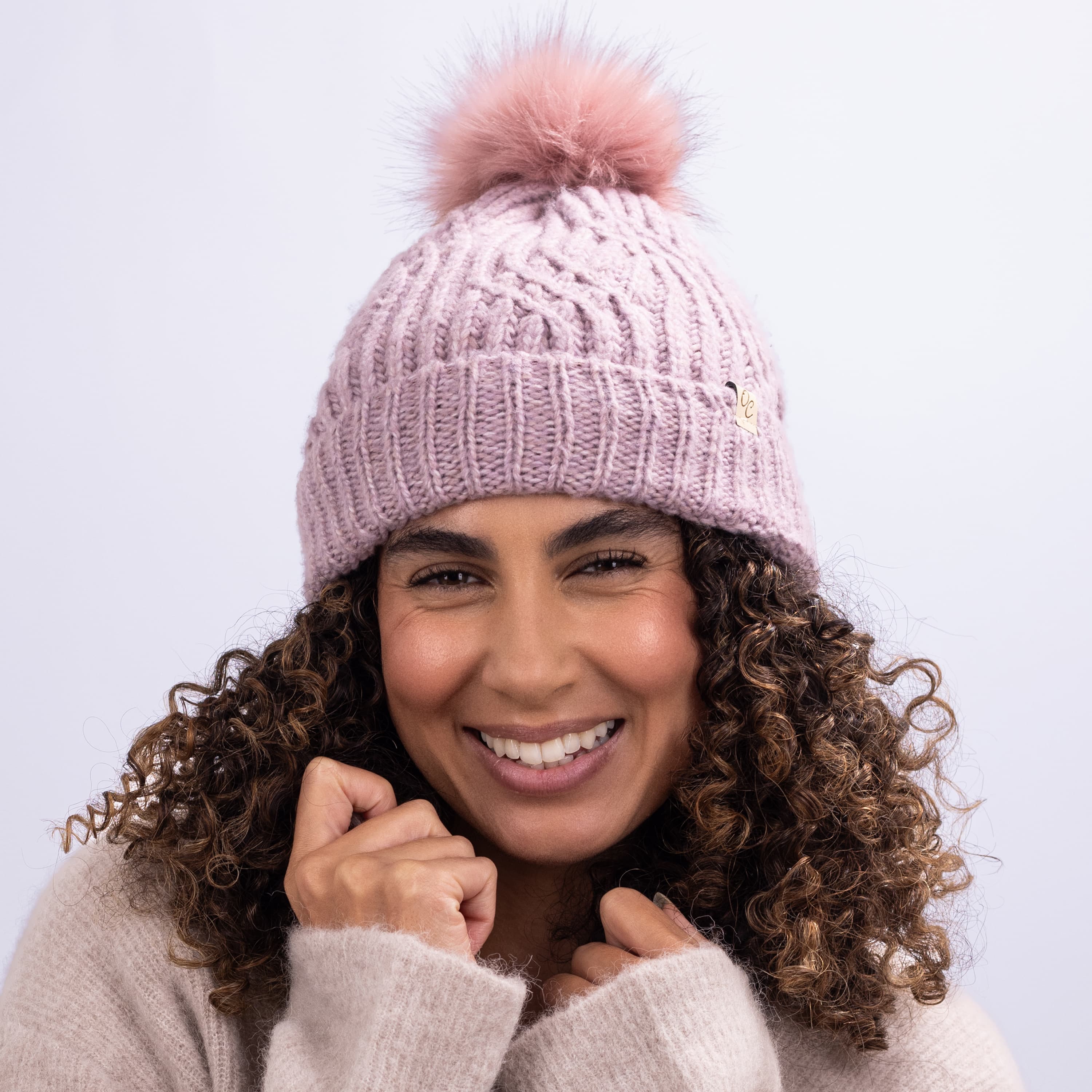Only Curls Satin Lined Knitted Beanie Hat - Dusty Pink with Pom Pom - Only Curls
