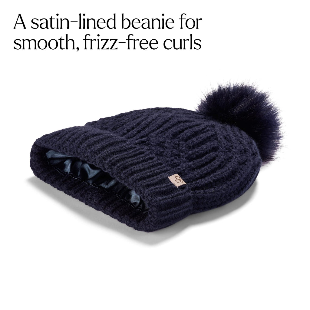 Only Curls Satin Lined Knitted Beanie Hat - Navy with Pom Pom - Only Curls