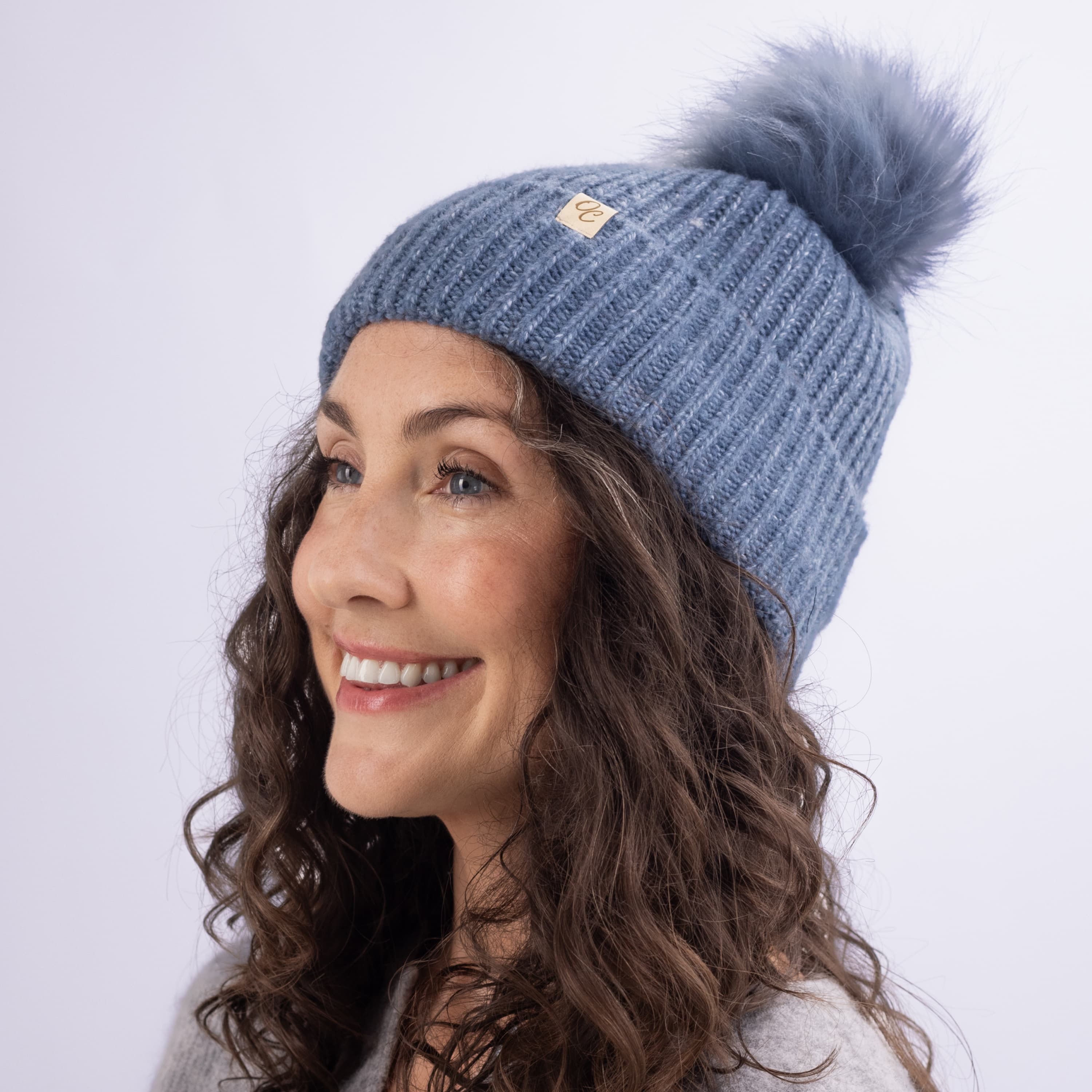 Only Curls Satin Lined Beanie with Pom - Carrie in Dusty Blue - Only Curls