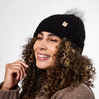 Only Curls Black Cable Knit Satin-Lined Beanie with Pom - Only Curls
