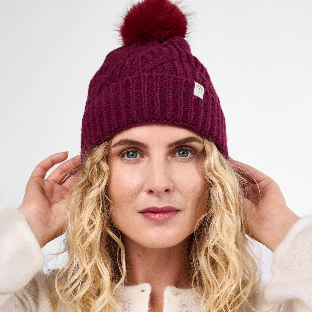 Only Curls Burgundy Cable Knit Satin-Lined Beanie - Only Curls