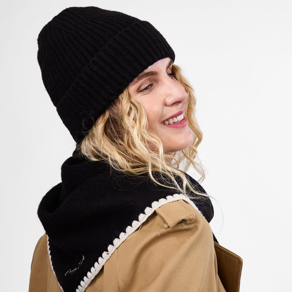 Only Curls Black Satin-Lined Blanket Stitch Triangle Scarf - Only Curls