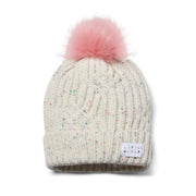 Little Curls Satin Lined Knitted Beanie Hat - Ivory Speckle with Pom Pom