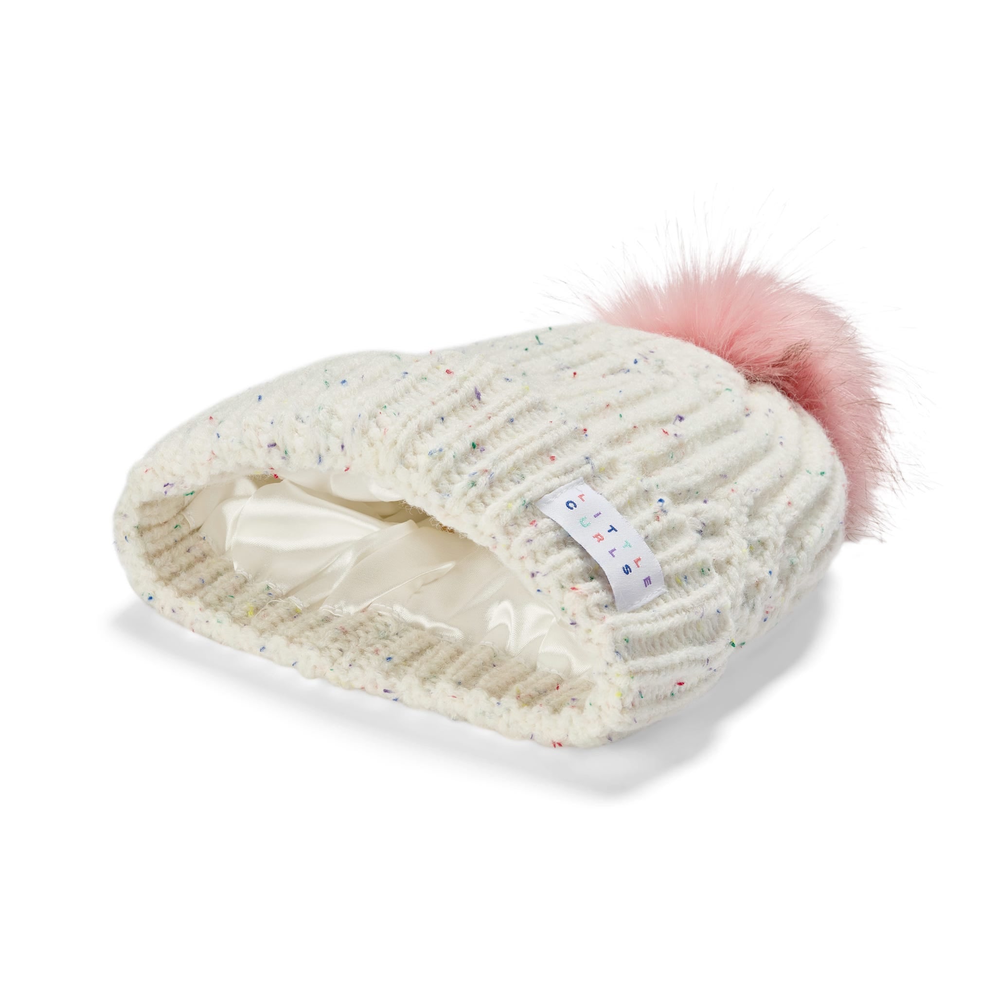 Little Curls Satin Lined Knitted Beanie Hat - Ivory Speckle with Pom Pom - Only Curls