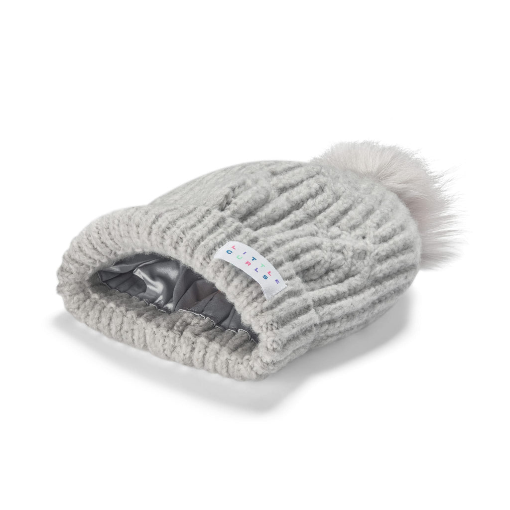 Little Curls Satin Lined Knitted Beanie Hat - Soft Grey with Pom Pom - Only Curls