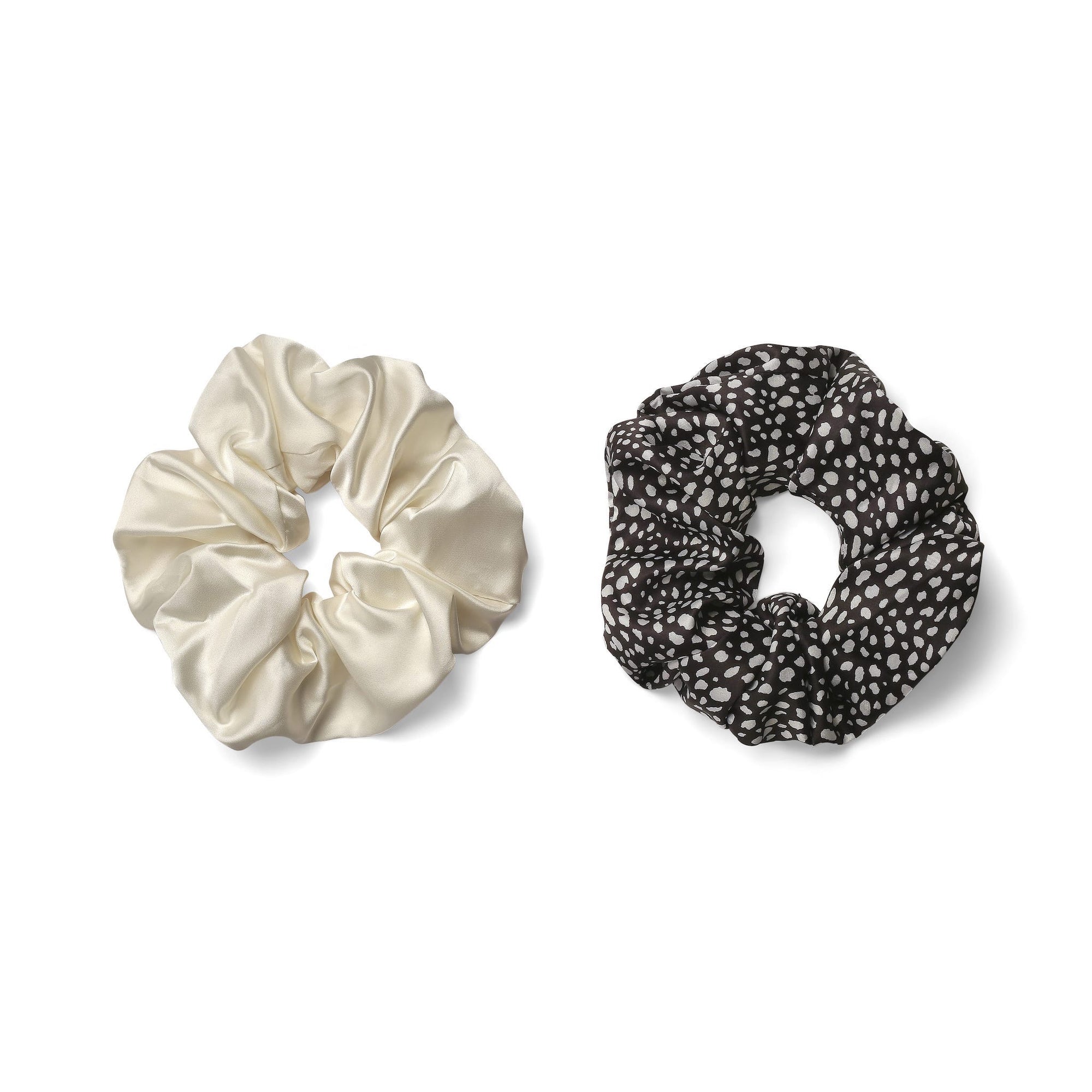 Only Curls Oversized Satin Scrunchies - Black Dalmatian and Ivory Twin Pack - Only Curls