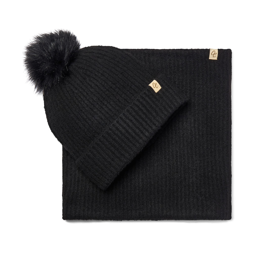 Only Curls Satin Lined Pom Beanie and Snood Set - Sadie in Black - Only Curls